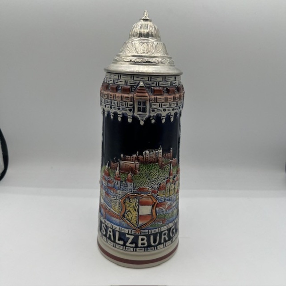Original King Salzburg Beer Stein 1L Western Germany Ceramic Lidded Mug 1000 R